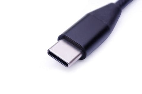 The plug end of a USB type C connecting cable is shown in this picture.